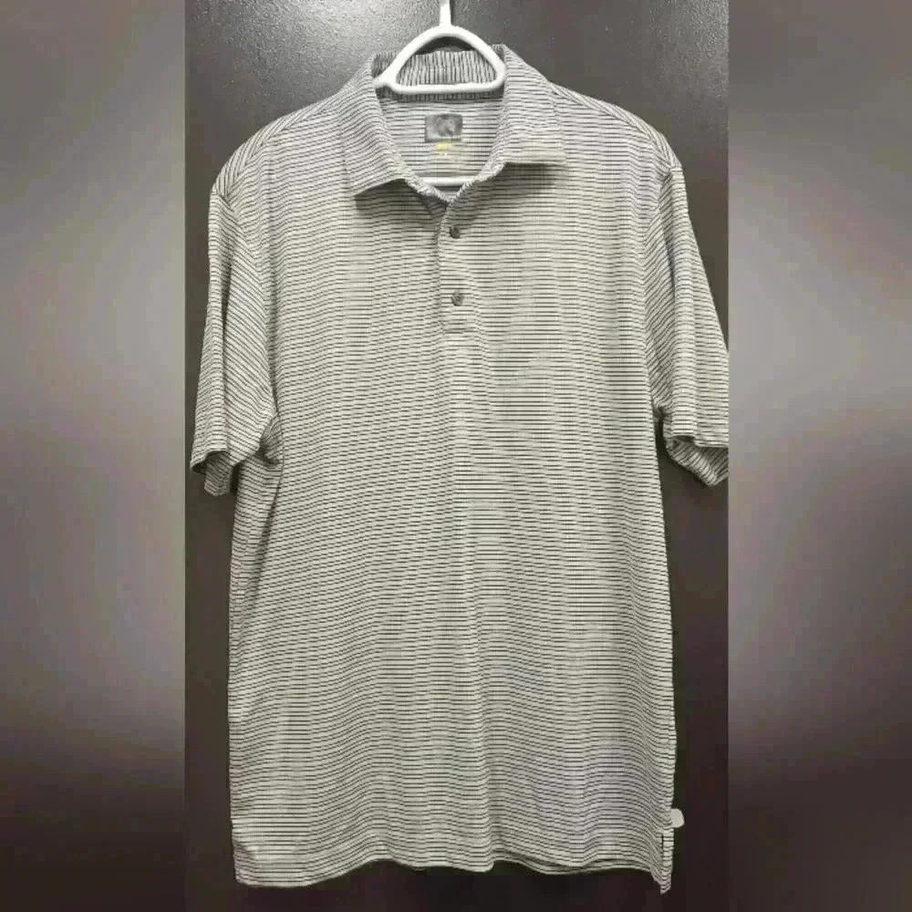 Greg Norman Polo Golf Shirt Mens Large Grey Black Stripe Sportswear